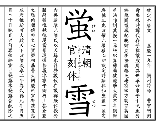 Digital Typefaces for Professionals ¶ TrueType for the Macintosh and the Windows ¶ 欣喜堂 Digital Typefaces 清朝官刻体（蛍雪）Combination 3 さくらぎ蛍雪　はなぶさ蛍雪　まどか蛍雪